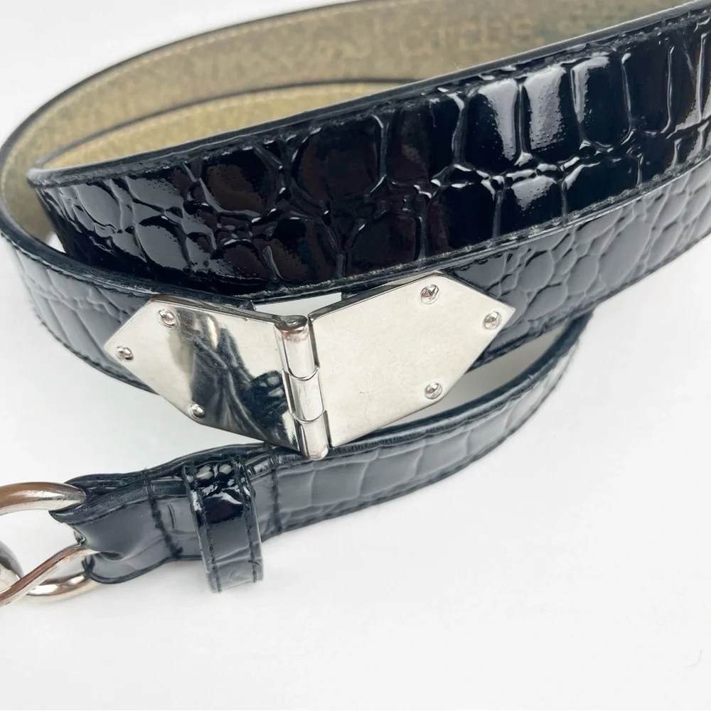 Chico’s Black Embossed Patent Leather Belt Silver Accents